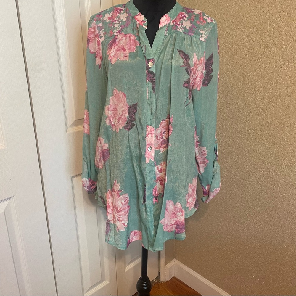 Women’s large mint floral bohemian button tunic tab sleeves by fig and flowers
